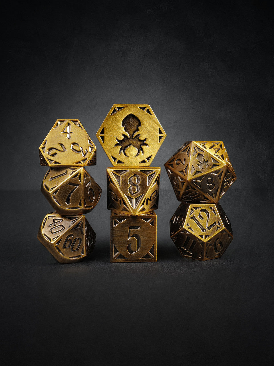 Fullmetal Gothik Brass 8pc TTRPG Dice Set